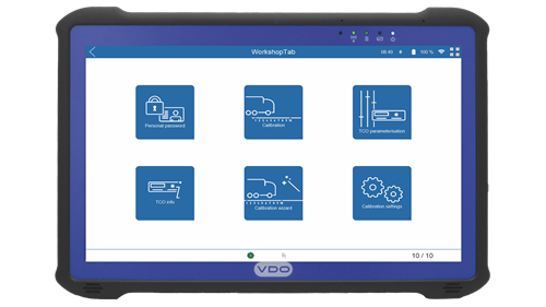 Frontansicht des WorkshopTab 2 von VDO mit geöffneter Software. Icons im Home Menü zeigen verschiedene Funktionen - wie beispielsweise die Kalibrierung der Fahrzeuge - an.