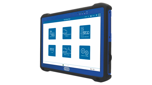Seitenansicht des WorkshopTab 2 von VDO mit geöffneter Software. Icons zeigen verschiedene Funktionen - wie beispielsweise die Kalibrierung der Fahrzeuge - an. 