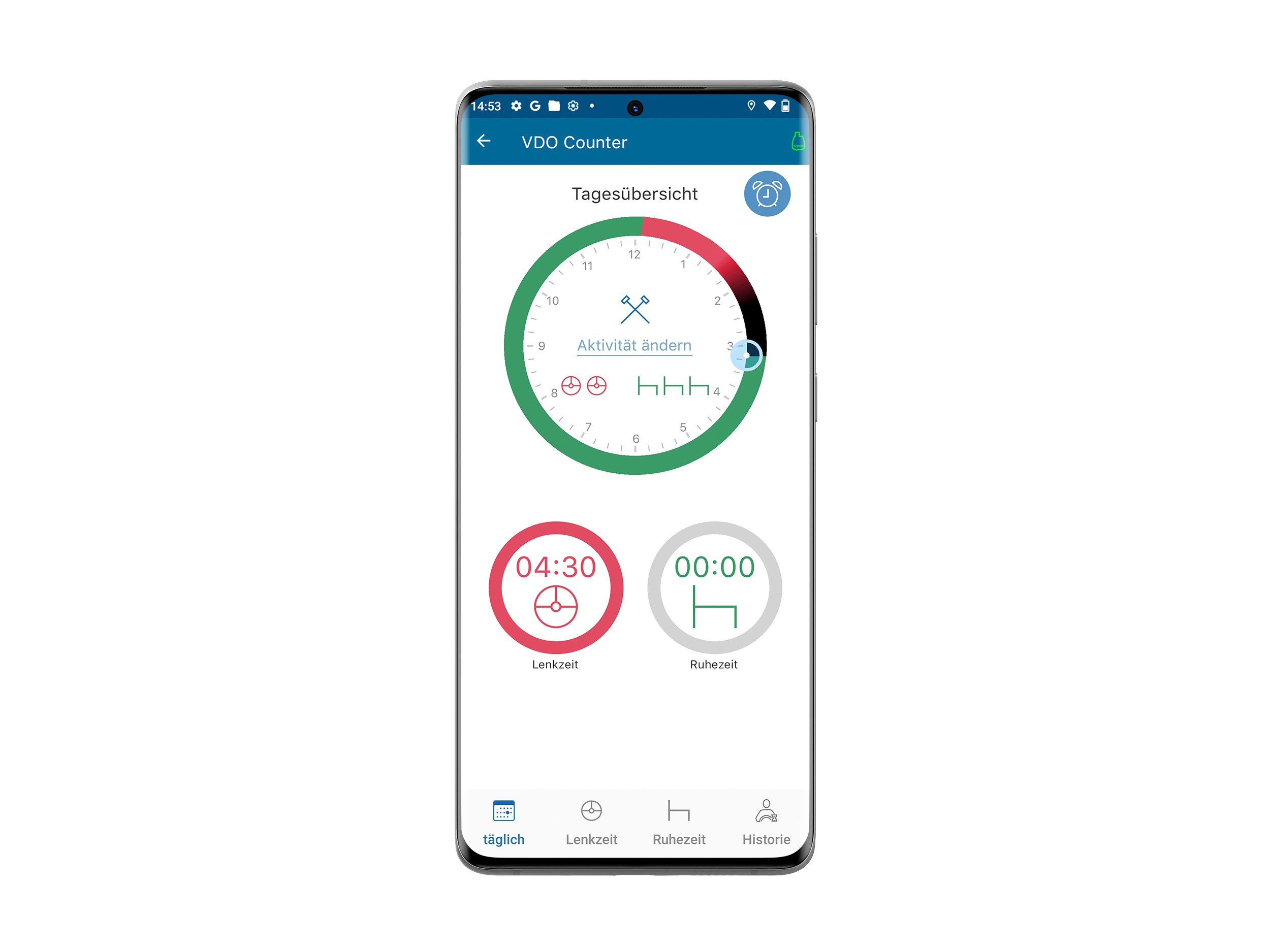 Mockup eines Smartphones, auf dem die Tachograph Driver App geöffnet ist. Man sieht die Tagesübersicht des jeweiligen Fahrers inklusive Lenk- und Ruhezeiten, die je nach aktuellem Stand passend eingefärbt sind.