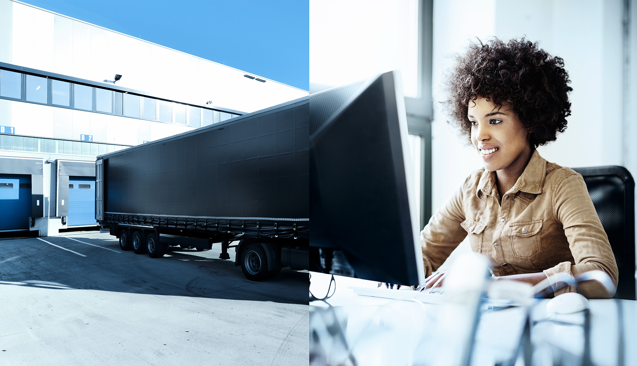 Zweigeteilte Fotomontage eines Lkw vor einer Laderampe, der in den Computerbildschirm einer Flottenmanagerin übergeht, die mit Freude ihre Aufgaben bearbeitet - zum Beispiel mit der Software von VDO.